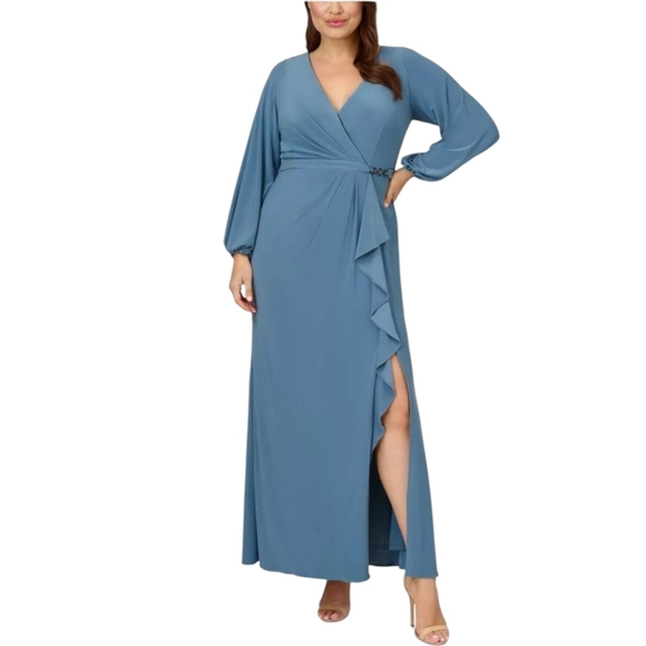 Adrianna Papell Blue Knit V Wrap Top Side Ruffle Slit Maxi Formal Dress NWT - Picture 6 of 9